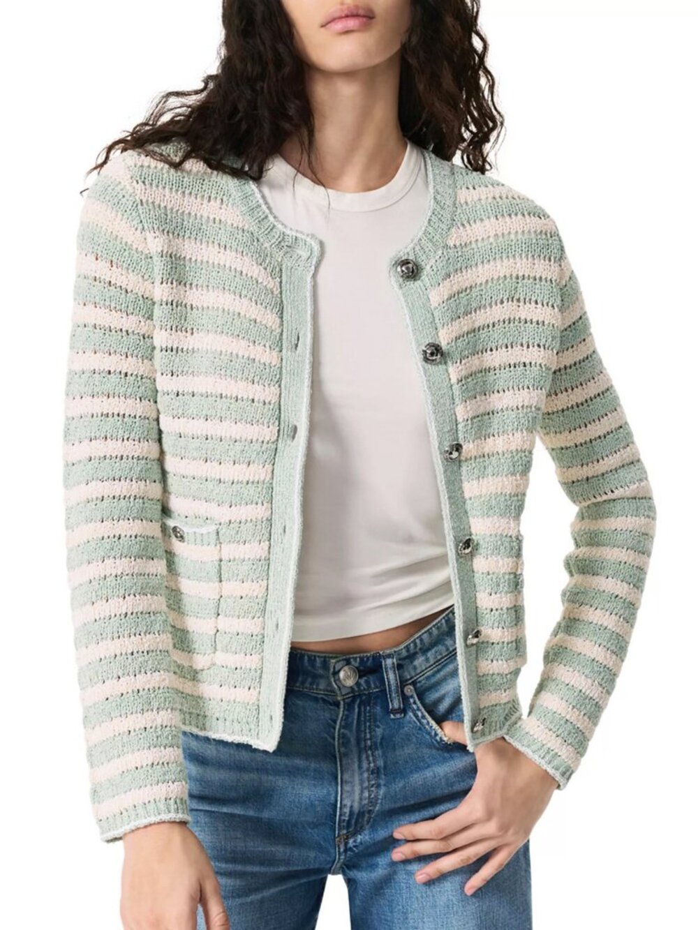 rag & bone Mint Green and Cream Striped Knit Cardigan